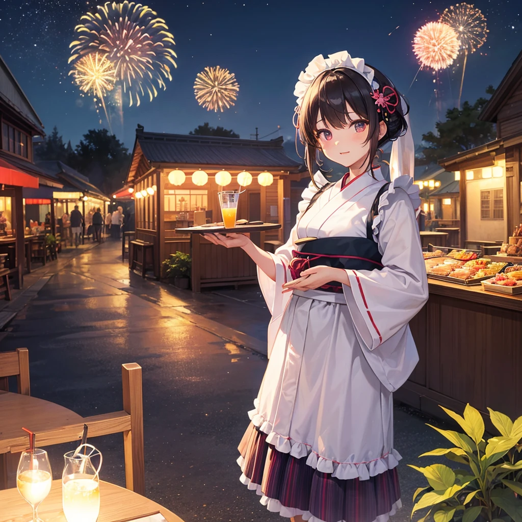 　Maid Girl（Maid clothes（yukata）Holding a tray（Topped with tropical juice）　）　Main Street（barbecue）　Fireworks in the background（hologram）　Night Sky　