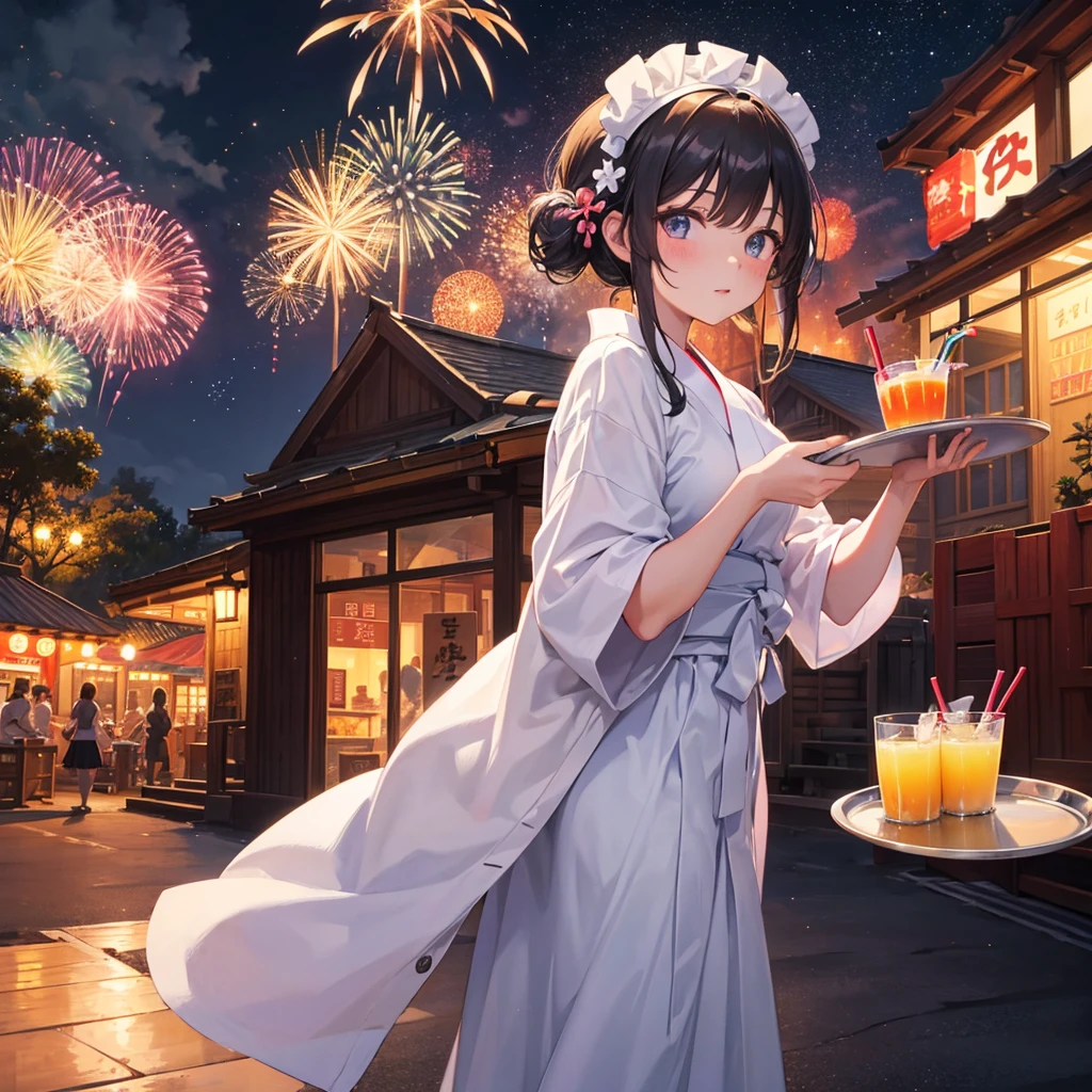 Maid Girl(Maid clothes(yukata)Holding a tray(Topped with tropical juice) ) Main Street(barbecue) Fireworks in the background(hologram) Night Sky