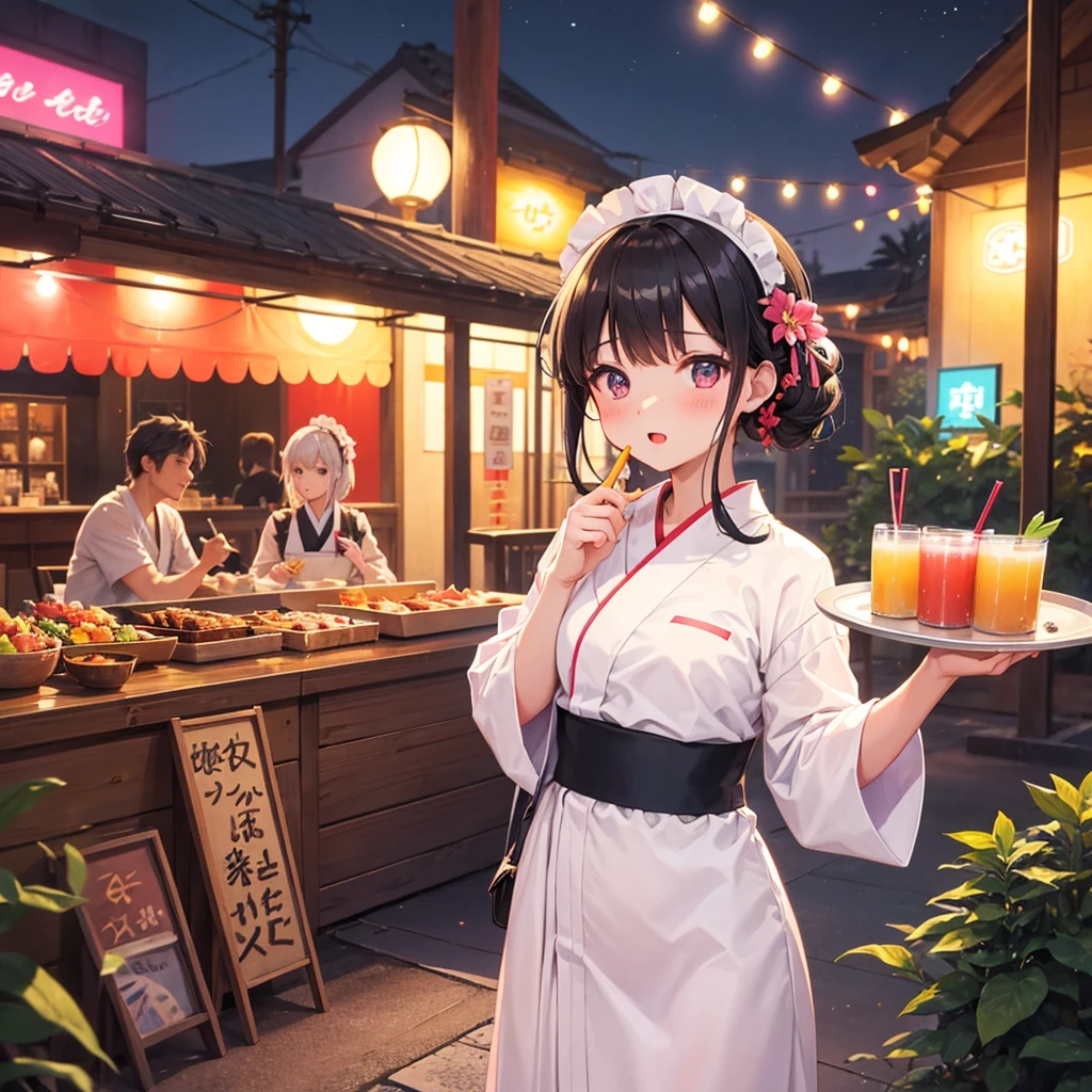 Maid Girl(Maid clothes(yukata)Holding a tray(Topped with tropical juice) ) Main Street(barbecue) Fireworks in the background(hologram) Night Sky
