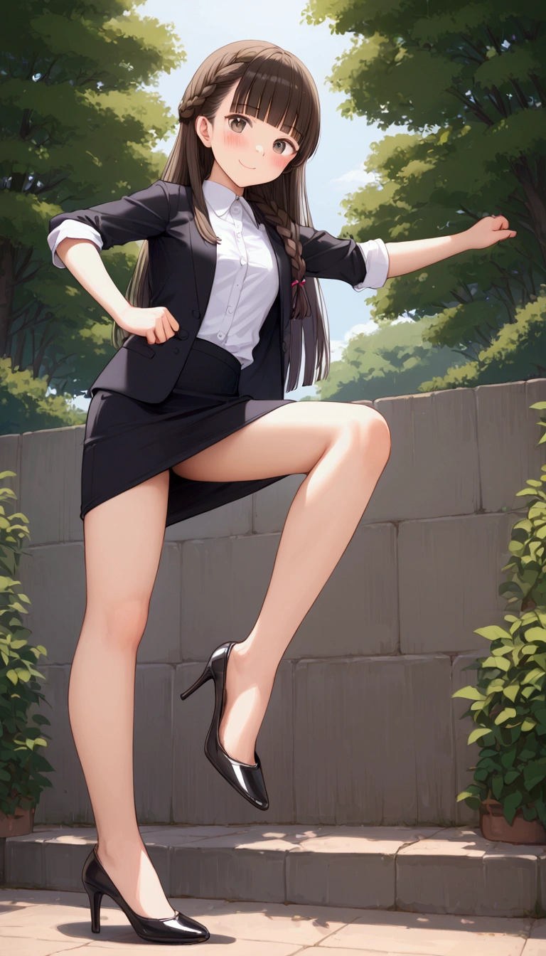 {Highest quality}, {Super beautiful},{Ultra fine},{Best illustration},Brown Hair,Hime cut,long hair,Braid,One woman,Standing Woman,Strike a pose,smile,smilingly,suit,White Shirt,Short sleeve,Long black skirt,at the park,Blushing,Slender,Black stiletto heels,barefoot,One leg up,From below