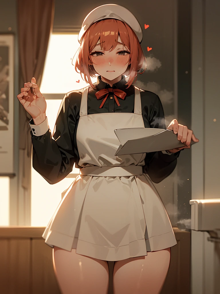 (Sumilux f1.4 50mm , low Latitude old color negative film , cross process , bokeh, flare, chromatic aberration , soft focus, (Shallow focus) , soft glow , Maximum aperture, low Key , Transparent depiction) , pornhub style , coquettish , Cafe clerk girl , blouse, apron, skirt , heart is beating fast with anticipation , seduce move , moist perineum , Thick pee , Steam rising from pee , winter