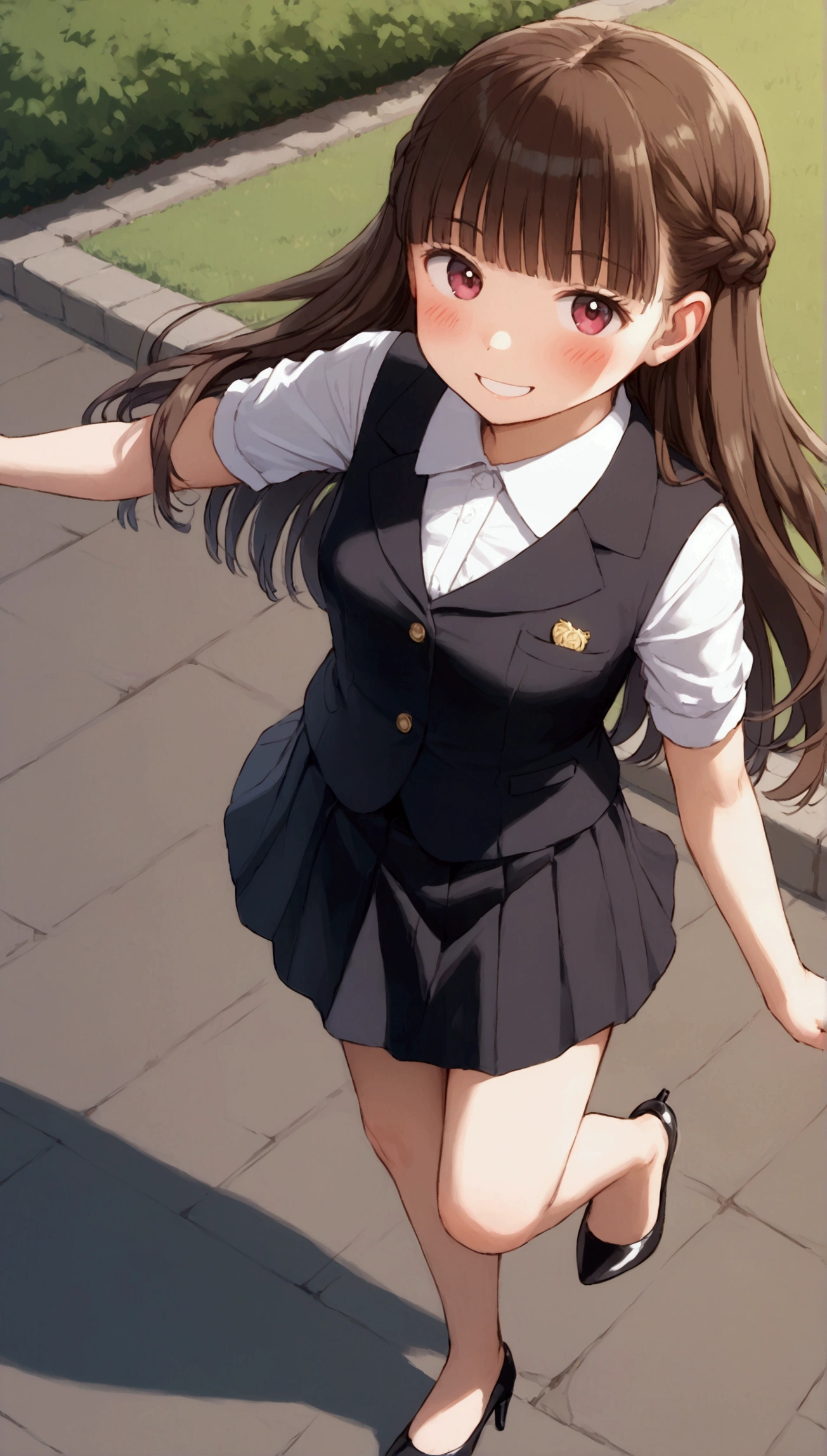 {Highest quality}, {Super beautiful},{Ultra fine},{Best illustration},Brown Hair,Hime cut,long hair,Braid,One woman,Standing Woman,Strike a pose,smile,smilingly,suit,White Shirt,Short sleeve,Long black skirt,at the park,Blushing,Slender,Black stiletto heels,barefoot,One leg up,From above,from the front