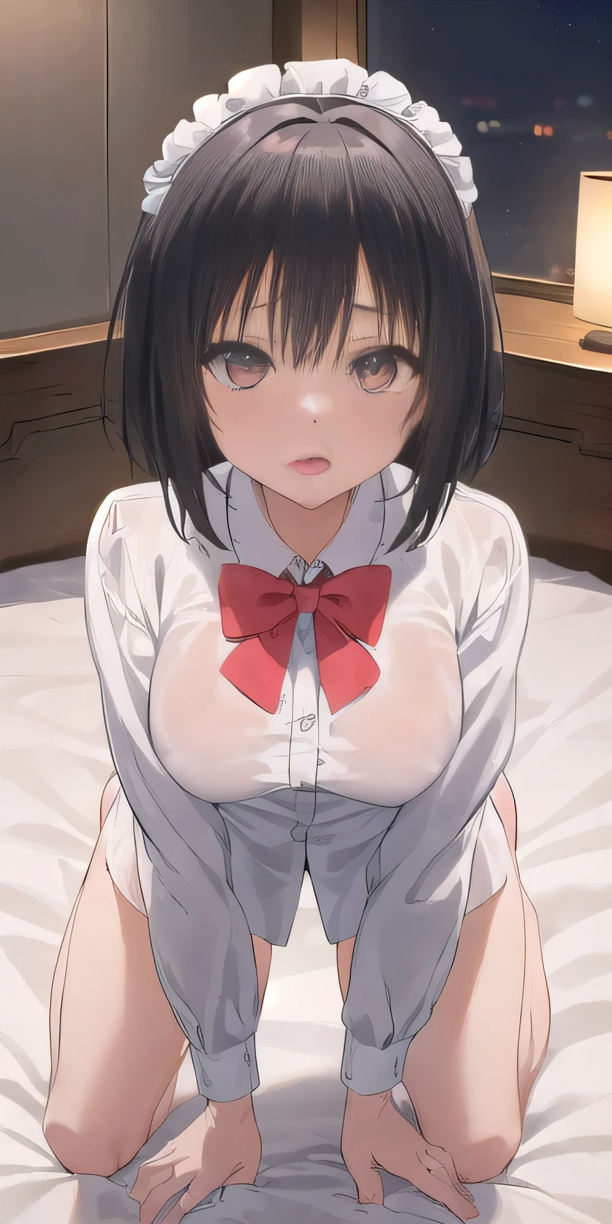 ((最high quality, High resolution, unity 8k wallpaper)), (figure:0.8), (Beautiful eyes:1.6), Highly detailed CG, Night Time, One girl, Black Hair, Large Breasts, hotel, Clear skin, (Hollow Eyes),(masterpiece), wallpaper,high resolution,(窓から夜景が見えるhotel),Intricate details, beautiful, sexly, erotic, Obscene, Noise Reduction,sensuous,Seductive pose,Cute anime face,Dog collar,high quality,Anime Style,sexuell,Shiny Hair,(ラブhotel:1.3,Love bed,On the bed:1.7),Bring out cleavage,Slightly open the mouth,Medium Short Hair,(((sexlyなメイド服:1.4))),((On all fours、put in、Deep joy、Ecstatic Eyes:1.2）,(Side view:1.5）, despair, ((I gasp violently:1.2))、Ecstatic face、I am going to cry、Climax expression、look up、Staring at the ceiling、My whole body is convulsing,