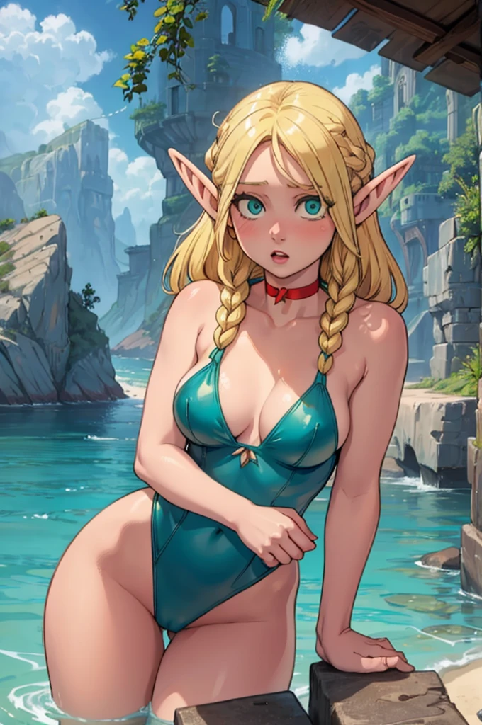 Marcille Donato, cute and sexy elf girl with blond hair, beach, sea, girl in a swimsuit, turquoise swimsuit, red choker