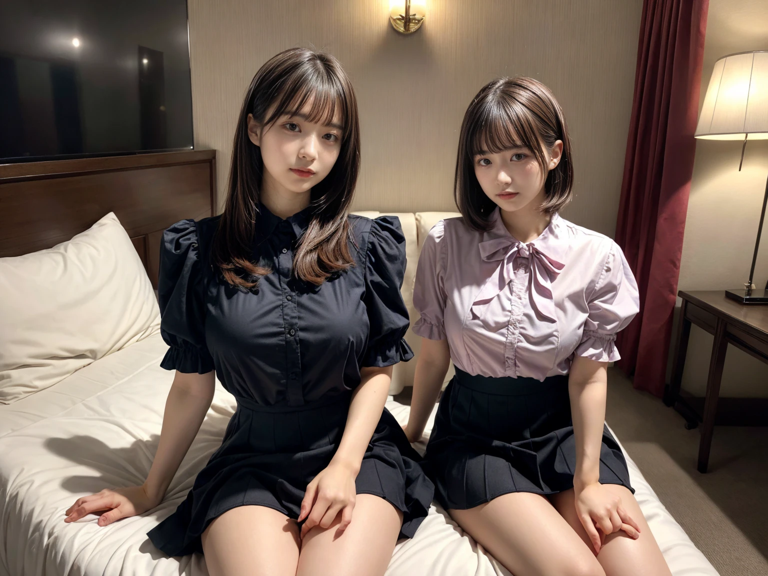 masterpiece, best quality, illustration, Super detailed, fine details, High resolution, 8K,wall paper, perfect dynamic composition,(Details High quality, realistic depiction of eyes:1.3), (2 girls), pink frilled shirt blouse, Black Frilled skirt, sitting, open legs, short bob hair, in a hotel room in the background, deep on field, large breasts, black hair color, Big Natural Color Lip, (perfect body shape), crying a little、Harajuku style、20 year old girl、cute type、beautiful legs, Gravure Idol