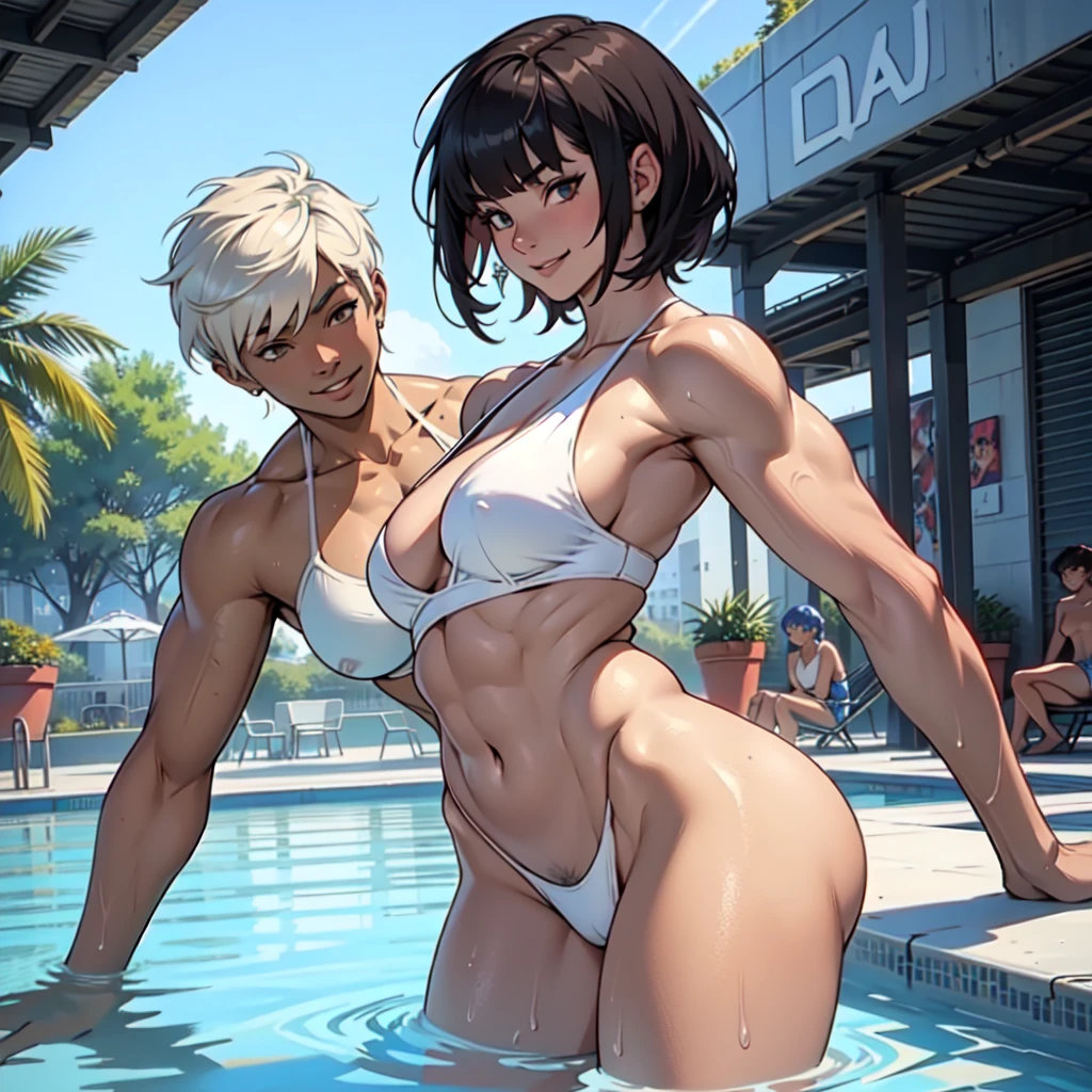 ((4 mature women)) partially wearing tiny micro bikini (high resolution, The pixels are perfect, luxury illustration), (hyper qualit, work of art, ethereal: 1.4),,(((bared shoulders:1.4))), posing in the pool , ((Carmelto)),a mature woman,female public hair,((( bare hips))), hairy armpit,(((Uma MILF: 1.4))), (curved:1.35),((((darkskin)))),super short hair with pixie cut and bangs,,curved physique, fitness model, thick body,((sexual expression ),seducing smile, breasts big, 4 naked women