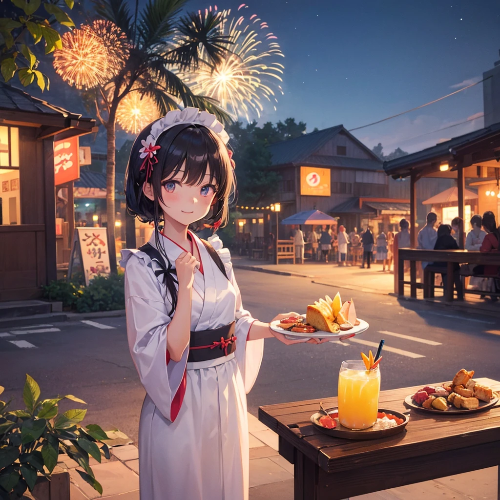 Maid Girl(Maid clothes(yukata)Holding a tray(Topped with tropical juice) ) Main Street(barbecue) Fireworks in the background(hologram) Night Sky