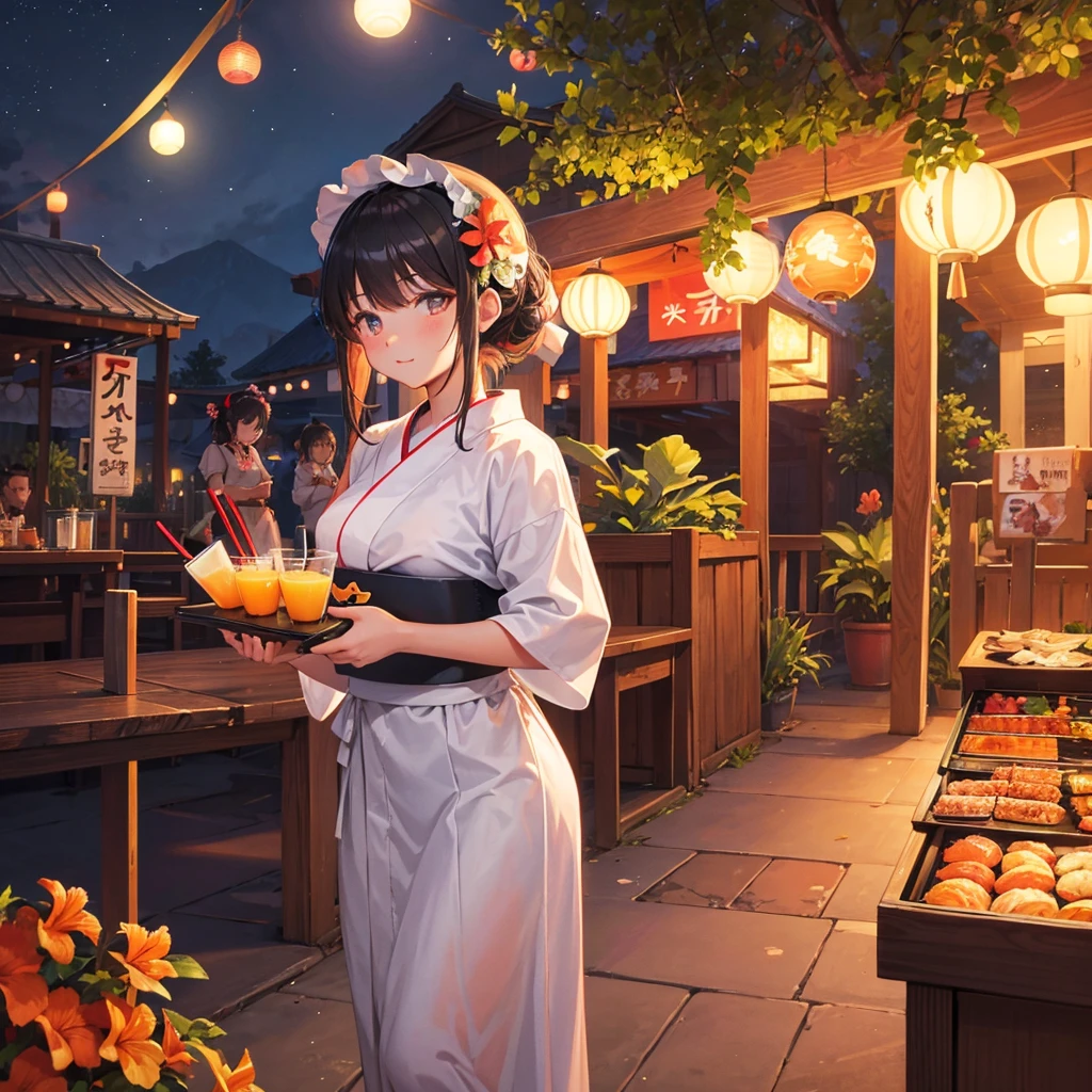 　Maid Girl（Maid clothes（yukata）Holding a tray（Topped with tropical juice）　）　Main Street（barbecue）　Fireworks in the background（hologram）　Night Sky　
