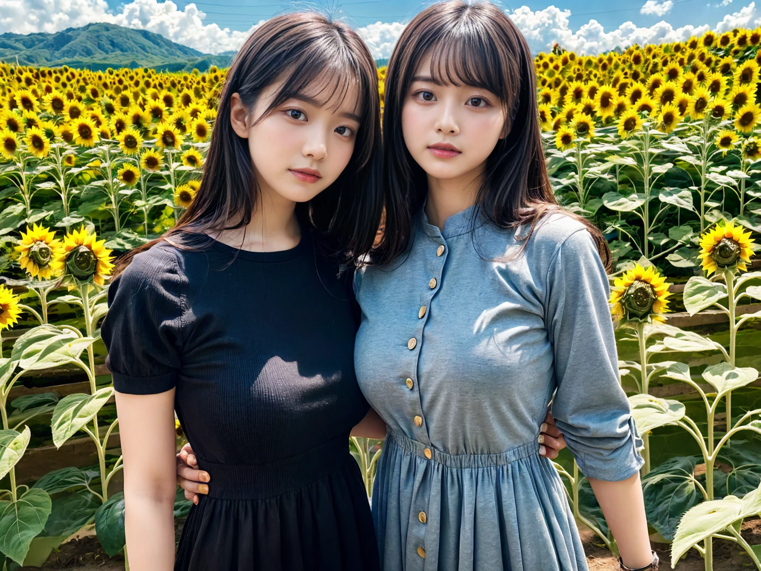 (8K, RAW Photos, Highest quality, masterpiece:1.2), (professional photography, full colors, studio-caliber color grading), (Gravure quality for high-end fashion magazines), close up, (2 girls), BREAK,18 year old girl, (straight hair:1.1), crying a little, Harajuku style, Big Natural Color Lip, (Plumpy body (smooth skin.1 (huge breasts BREAK (((casual dress.3)), BREAK (Sunflower field background)、