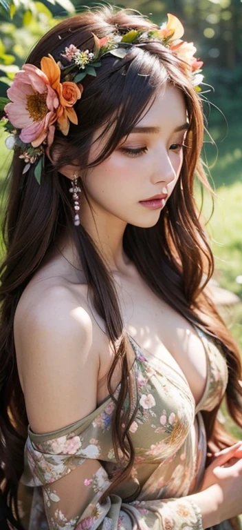 a beautiful woman with long flowing hair, flower crown, bohemian-style lingerie, earthy tones, floral patterns, nature-inspired setting, lush greenery, sunlight, serene atmosphere, enchanting, magical, fantasy, dreamy, soft focus, highly detailed, photorealistic, 8k, highest quality