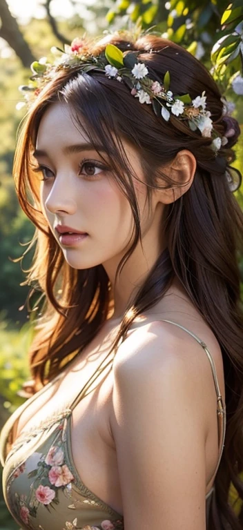 a beautiful woman with long flowing hair, flower crown, bohemian-style lingerie, earthy tones, floral patterns, nature-inspired setting, lush greenery, sunlight, serene atmosphere, enchanting, magical, fantasy, dreamy, soft focus, highly detailed, photorealistic, 8k, highest quality
