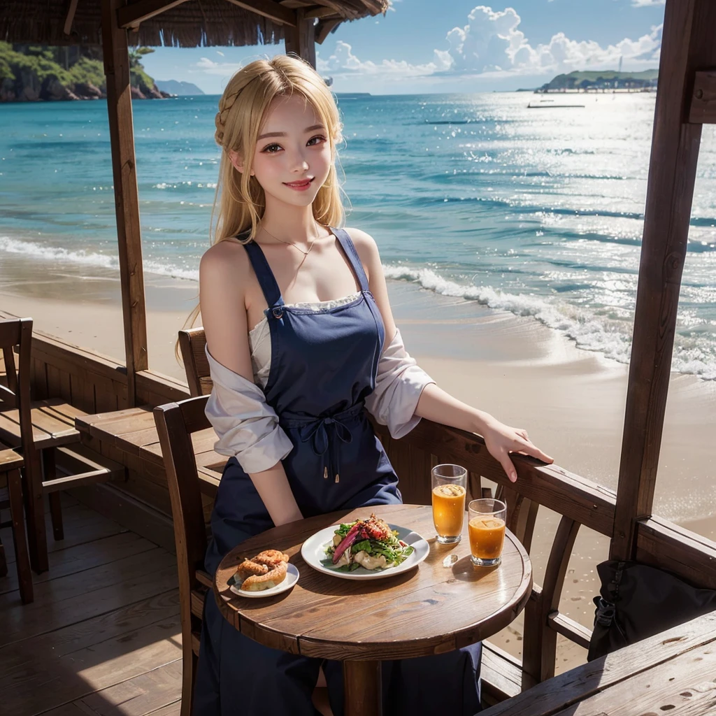 ((Highest quality)), ((masterpiece)), (detailed), One girl, beautiful、cute、smile、At a seaside restaurant、The hair is long and blonde、Stylish、I'm having tea、Short-sleeved summery white clothing、Minimally revealing clothing