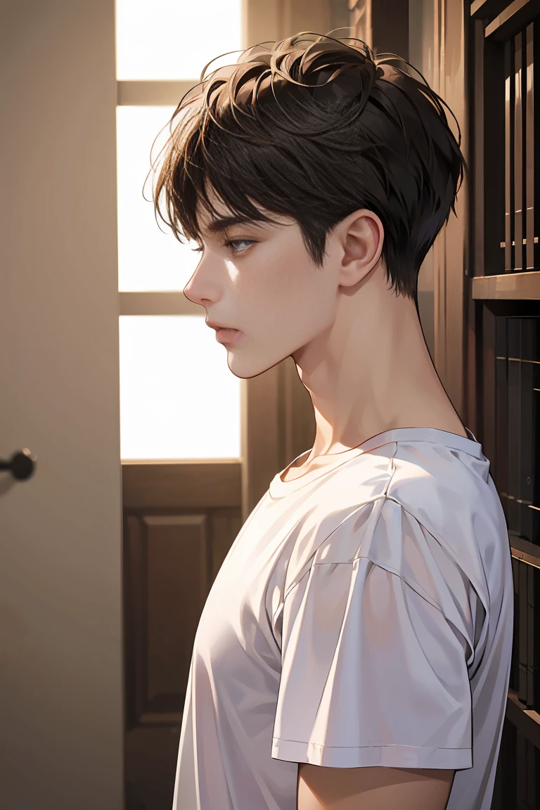 (absurd, very detailed, realistic, ), 1 Boy,mature, alone, black short hair, white t shirt,brown eyes,(solo), (side view), I'm going to sleep, Alone cyclist riding by on a busy city road, blowing his hair and watching the sunset, Ultra-detailed, best quality, detailed diagram, 8k, graphic design, full hd,