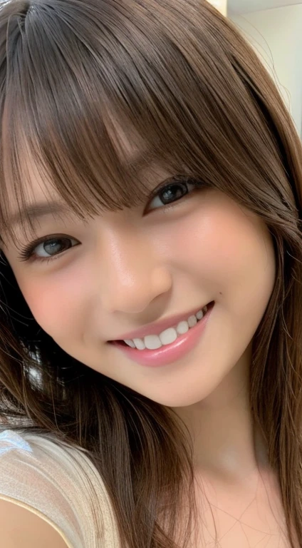 ((Selfie 1.6))((Smile 1.6))、front、Close-up face、Straight Hair、⦅Looking into the camera⦆Brown Hair、With bangs、Highest quality, Masseter muscle area, Ultra-high resolution, (Realistic:1.4), RAW Photos, high resolution, High definition, masterpiece、30-year-old woman、In the apartment