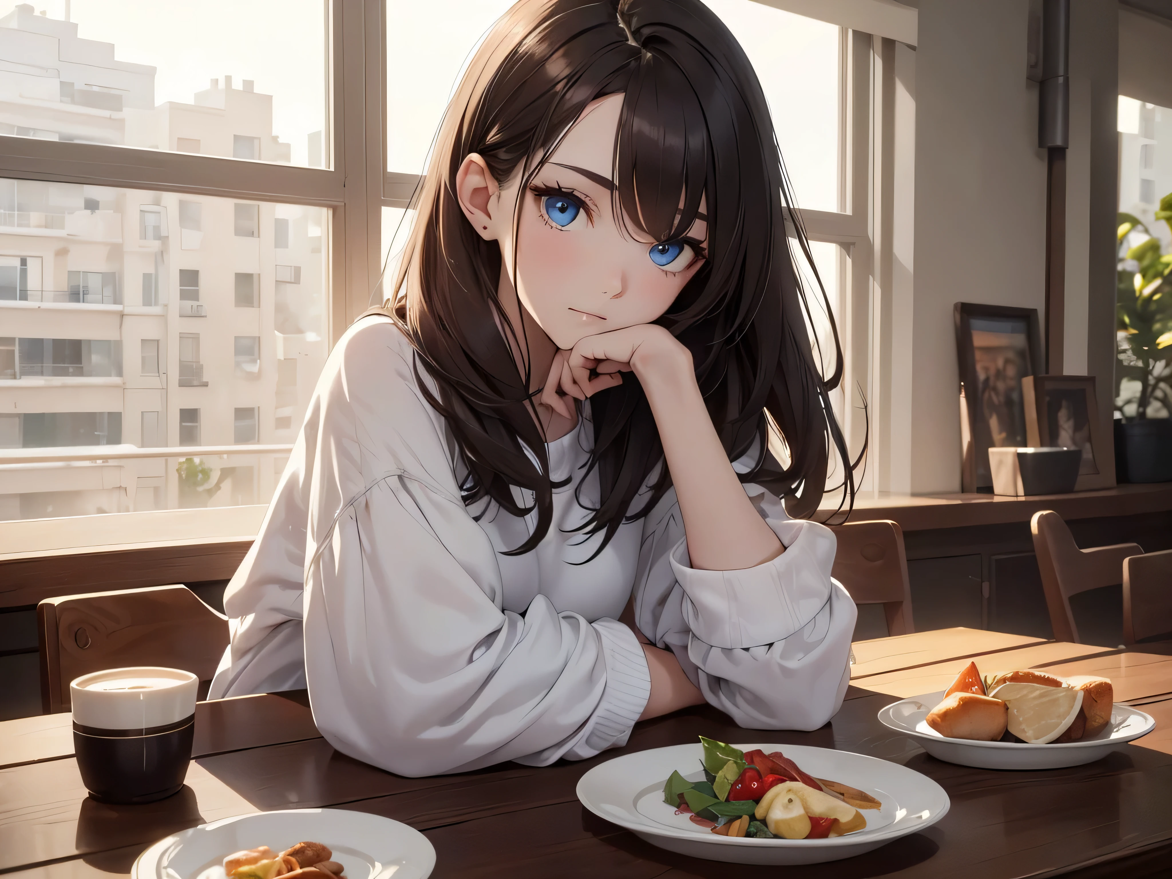 (8K, Best Quality, Masterpiece, Ultra High Resolution) Single Person, 1 Woman, Cute Eyes, Face Details, Pale Skin, Slender, Short, Brunette Hair, Long Hair, Blue Eyes, Casual Outfit, Sitting at Table, Apartment, Best Quality, Upper Body, Looking at the Viewer, Facing Viewer, Close Up
