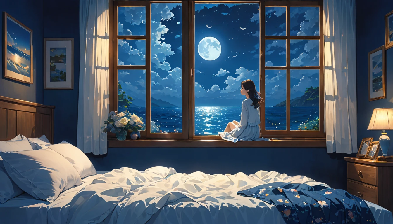 deep sea，Home、window、bed、woman、Sleep、night、moonlight