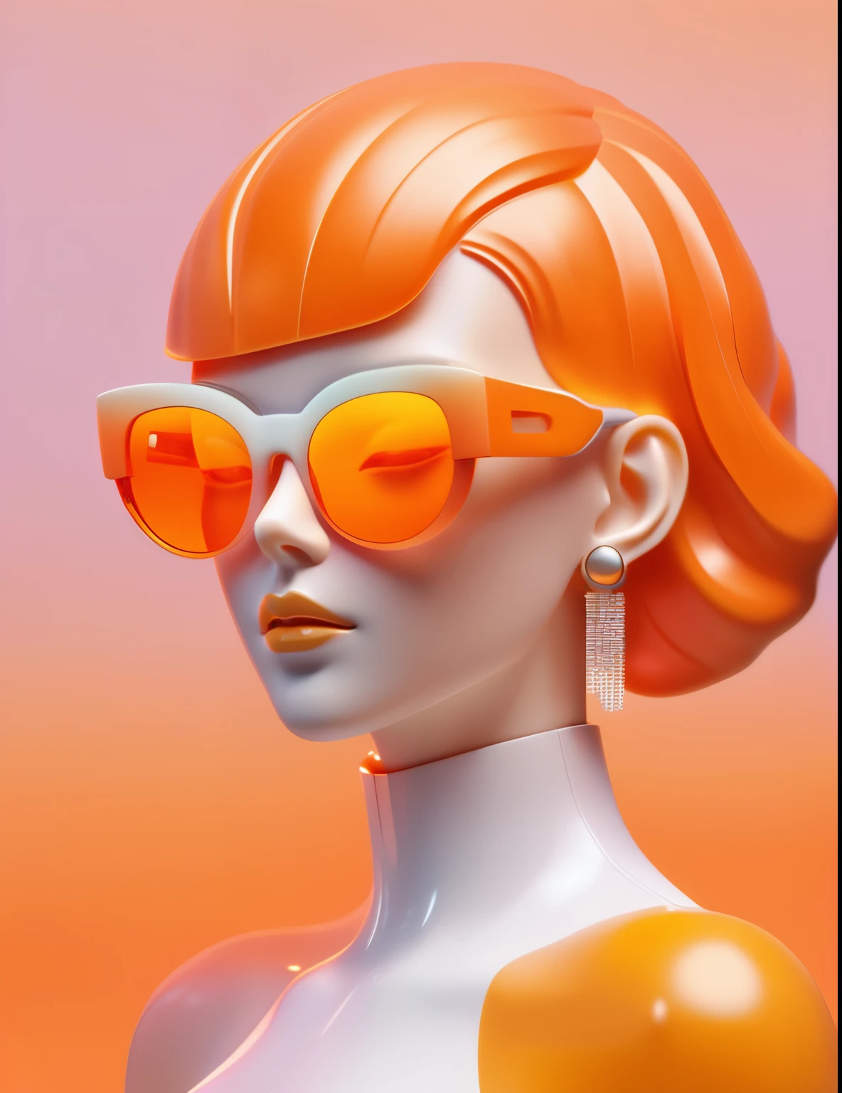 3D illustration of the upper body and face of an artificial intelligence model wearing futuristic glasses, Stylish sunglasses,Gradient Background, Pastel Color Palette, orange yellow, Simplicity, Cold metal texture, Surrealism, Earrings, Perm