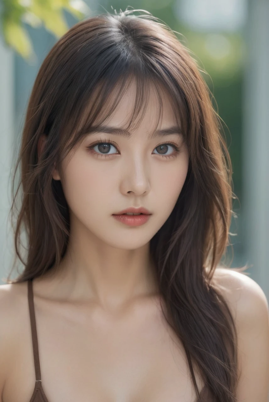 Un superbe portrait en couleur complexe de brunette, femme métisse mongolienne et française, peau claire, cheveux longs, cheveux bruns foncés, yeux marrons, visage sexy, portrait de face, full body, bikini, lèvres pulpeuses, composition de personnages épique, Réaliste, POINTU focus, éclairage naturel, diffusion souterraine, f2, 35mm, grain de film, cheveux bruns, POINTU, 8k, HD