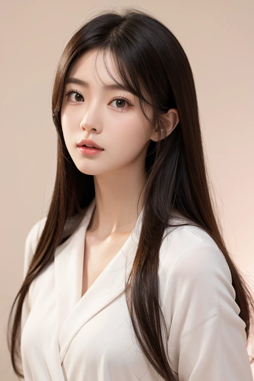 A Japanese person with a well-proportioned face、Big eyes、High nose、Defined jaw line、Fair and smooth skin、One girl, Long Hair, light pigment in eyes、Highest quality, Brown Hair, Open your mouth a little, Simple Background,
Face and neck only、model、Exclusive photo、Sexy look、Sexy Outfits Background bright color、Not AI-like