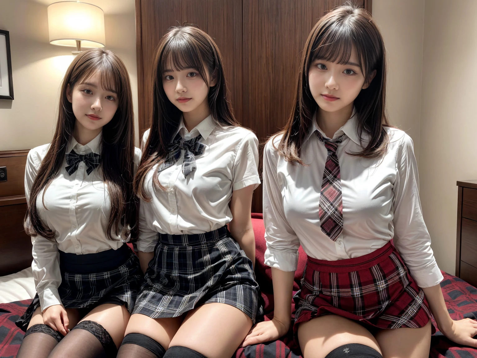 masterpiece, best quality, illustration, Super detailed, fine details, High resolution, 8K,wall paper, perfect dynamic composition,(Details High quality, realistic depiction of eyes:1.3), (3 girls), (white school shirt :1.2), (plaid skirt :1.3), tie black, black thigh-high stockings, sitting, open legs, short bob hair, in a hotel room in the background, deep on field, large breasts, black hair color, Big Natural Color Lip, (perfect body shape), crying a little、Harajuku style、20 year old girl、cute type、beautiful legs, Gravure Idol