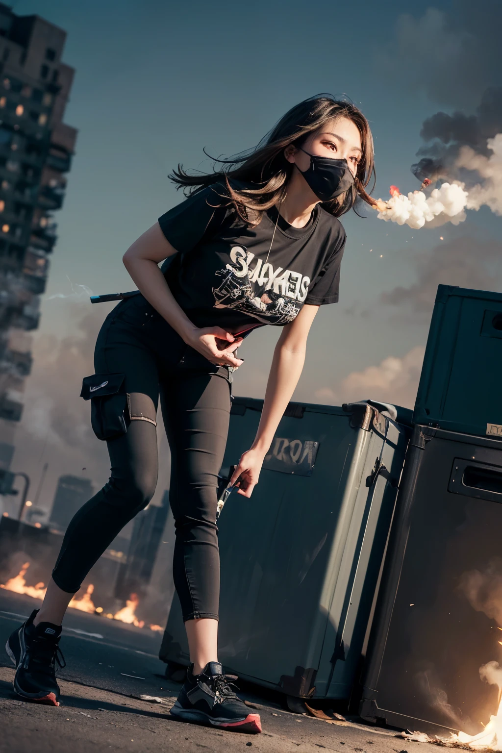 ((best quality)), ((masterpiece)), (detailed), 1girl, wearing mask, t-shirts and black cargopants, she is runing holding a smoke bomb(red smokes)and a black flag in the right hand at the newyork city, full body(low angle)