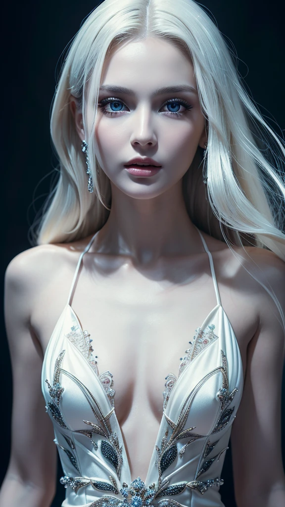 a beautiful russian supermodel, porcelain skin, slim figure, exquisite detailed facial features, mesmerizing detailed eyes, luscious detailed lips, long flowing white hair, elegant black evening dress, full body shot, alluring, captivating, dramatic, cinematic lighting, hyper realistic, 8k, best quality, masterpiece