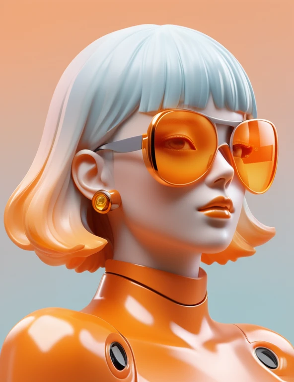 3D illustration of the upper body and face of an artificial intelligence model wearing futuristic glasses, Stylish sunglasses,Gradient Background, Pastel Color Palette, orange yellow, Simplicity, Cold metal texture, Surrealism, Earrings, Perm