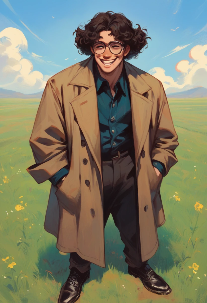 masterpiece, high quality, 1 man, middle aged man, dirty lab coat, black rimmed glasses, curly unkempt hair, slacks, leather shoes, field, dirty clothes, Slightly longer hair A gentle smile
