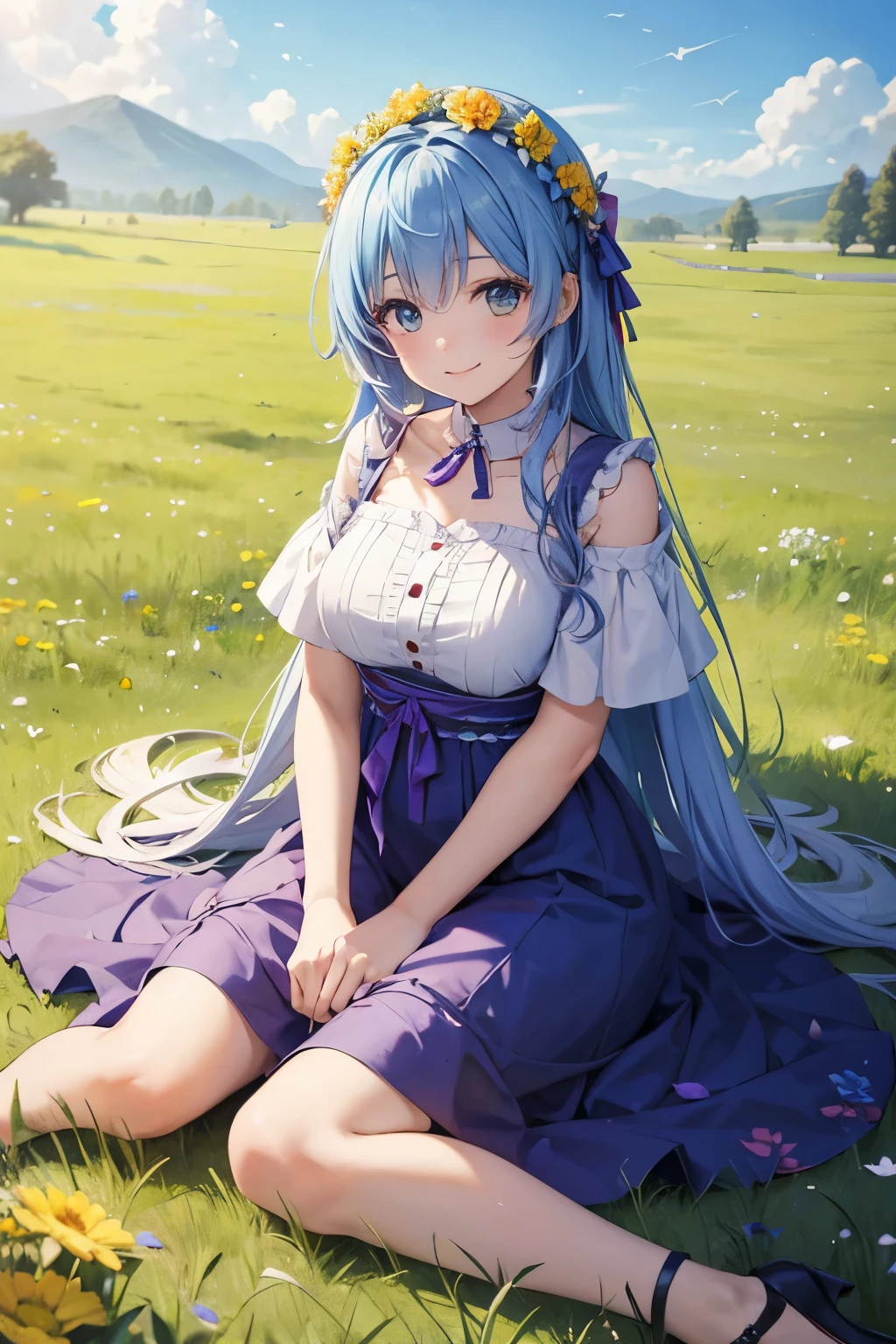 A girl with a colorful flower crown on her head. She has a big smile. She is sitting in the grassland under the blue sky. full-body.