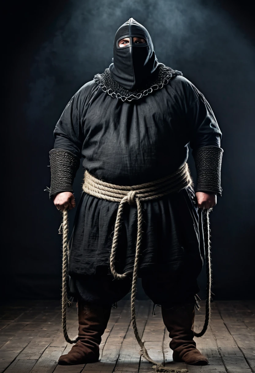 humanoid creature, wearing medieval executioner clothes, rope tied around the neck, gigant ass, segurando um cutelo gigant ass, best qualityer, Terror, empty and dark image background.