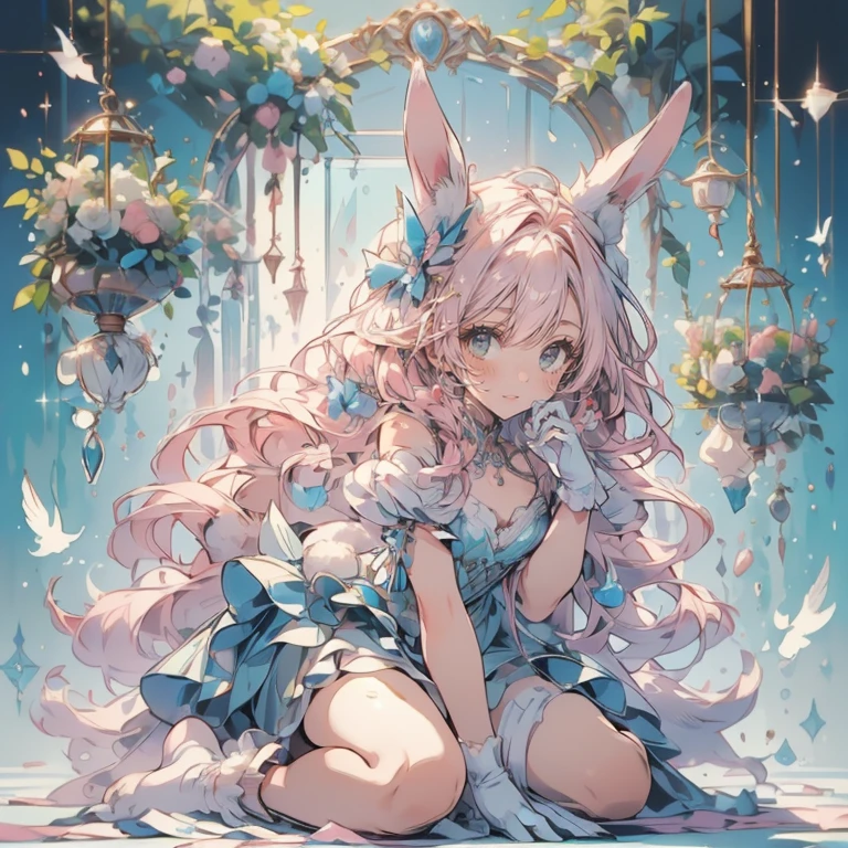 (Exquisite, beautiful, Very detailed, masterpiece, high quality,High resolution),(Well-formed face,Soft thin lines: 1.2,),(A girl with a rabbit motif,Fluffy floppy ears and a big bunny tail,Wear fluffy gloves and socks,very ),Happy and relaxed on a fluffy cloud,Fluffy and soft lace clothing, frills and ribbons,Beautiful fur,barefoot,(Short eyebrows,Pale pink blush, Plump pink lips,Small Nose,Double teeth,When I laugh, Canine teeth visible,Eye of the Beast,Quite large and fluffy bust,Open chest,Fair skin, Good style),Bright colors,Eye-catching colors,Dynamic Angle,defenseless,The hair is fluffy and soft