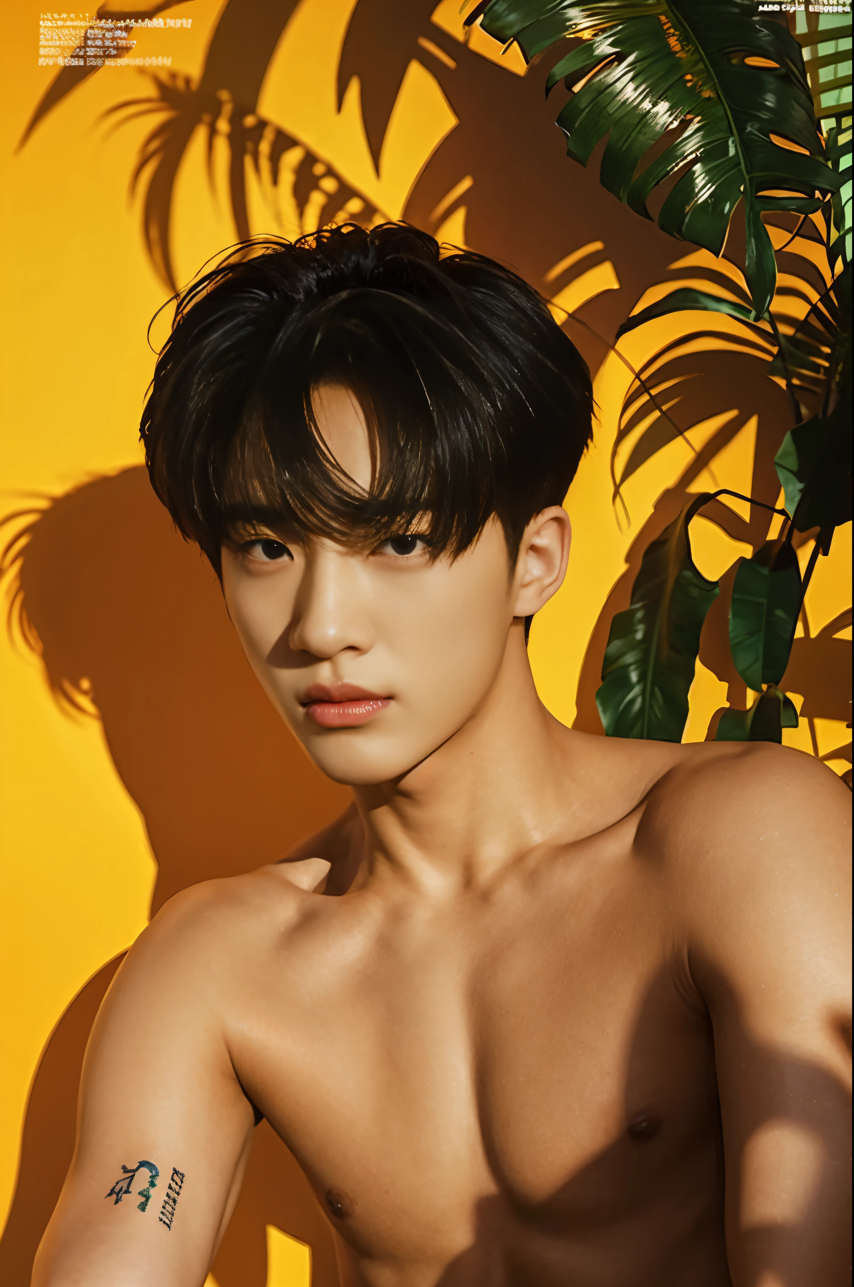 Bright background and backdrop,magazine photo,eyes looking center,for ads,Handsome korean male,abs shirtless,half body protrait,Center-parted hairstyle,angle tilted to the side,focus on face,straight head.