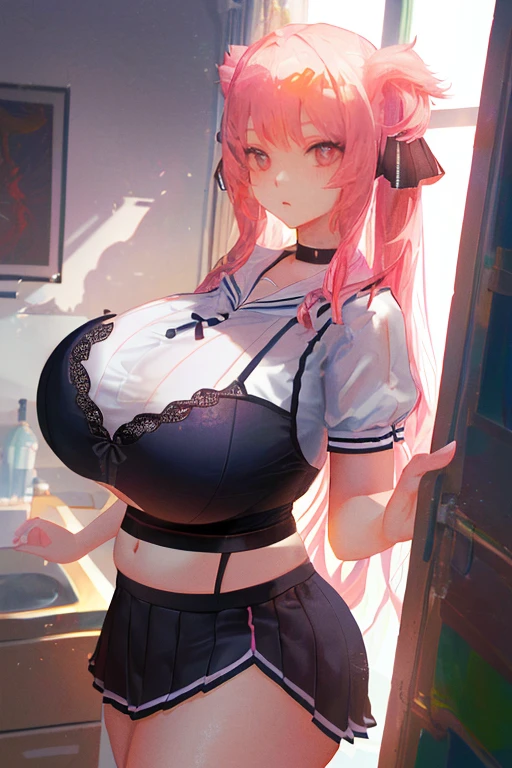 (8k, Highest quality, masterpiece:1.2),\(Eye details\),\(Facial Features\),(\(Garment Details\)\),(Huge boobs), Super Mini Skirt,Pink Sailor Suit,(Face Focus) ,非常に精細なCG Unity 8k壁紙,Huge Ass,Very detailed,High resolution,Absurd,Beautiful Eyes,Ray Tracing,Dramatic Shadows,It is detailed,Elevation,Hyper Detail,(1 girl:1.3),(alone),ta Women, Mature Woman,Thick and tight,Big Body Type,Pink Hair,Twin tail hairstyle,Pink Eyes,(V than hand:1.2)、lingerie、See-through bra、Lace panties、