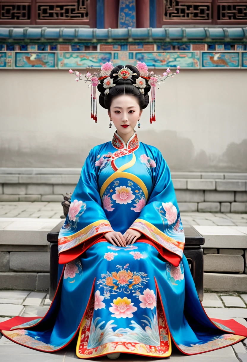 A Qing Dynasty Empress with her legs up and outstretched. On the stone pavement outside the Chinese palace. Qing Dynasty Empress. A Chinese Empress with a large crown. Her hair is decorated with a large hair ornament with gorgeous flowers and a large crown.
Her hair is tied up and pulled up. The background is the luxurious palace of the Qing Dynasty Empress.