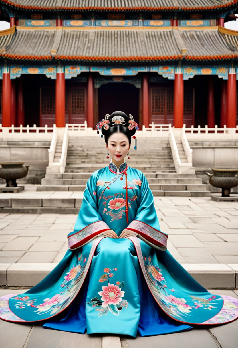  A Qing Dynasty Empress with her legs up and outstretched. On the stone pavement outside the Chinese palace. Qing Dynasty Empress. A Chinese Empress with a large crown. Her hair is decorated with a large hair ornament with gorgeous flowers and a large crown.　
Her hair is tied up and pulled up. The background is the luxurious palace of the Qing Dynasty Empress.