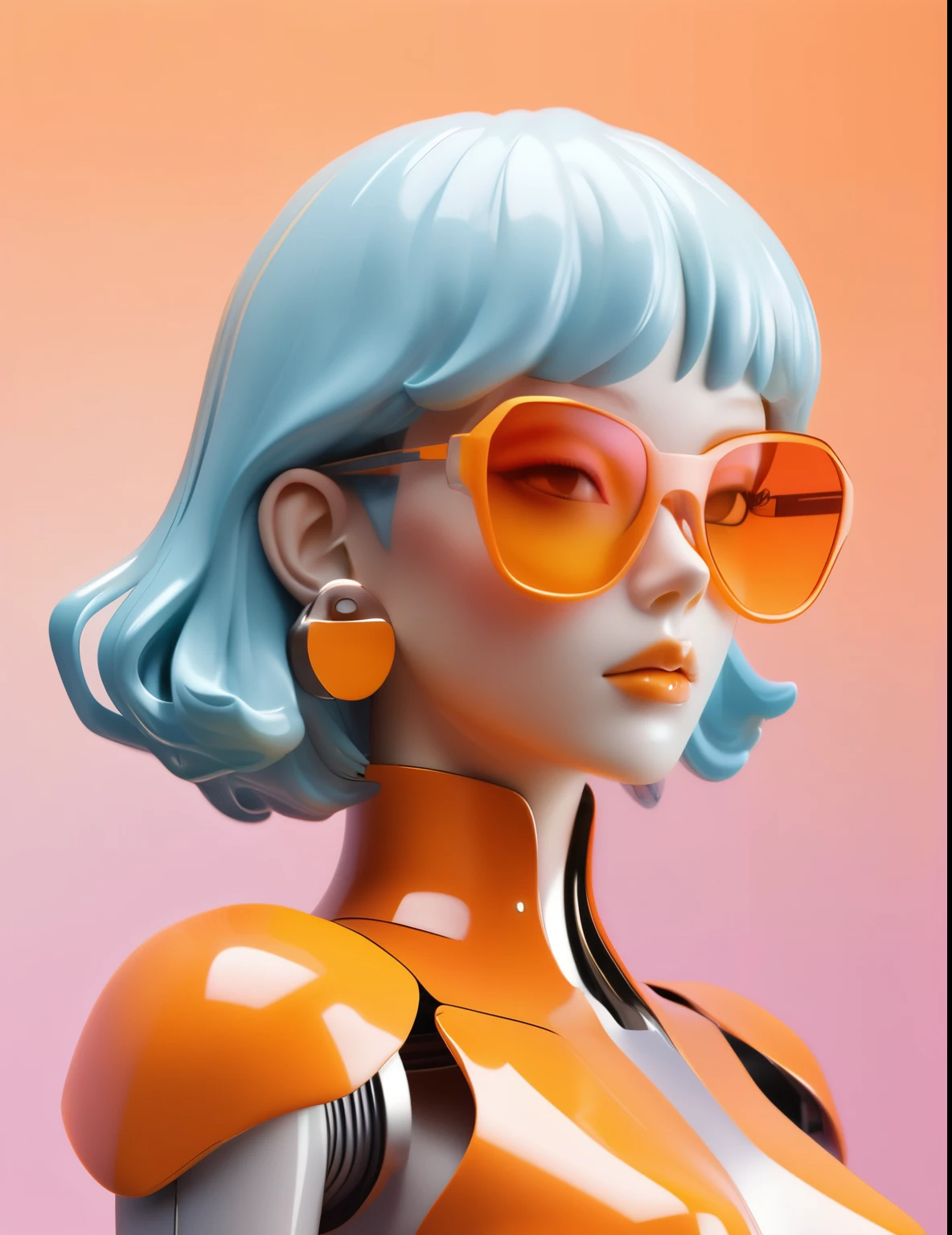 3D illustration of the upper body and face of an artificial intelligence model wearing futuristic glasses, Stylish sunglasses，Gradient Background, Pastel Color Palette, orange yellow, Simplicity, Cold metal texture, Surrealism, Earrings, Perm