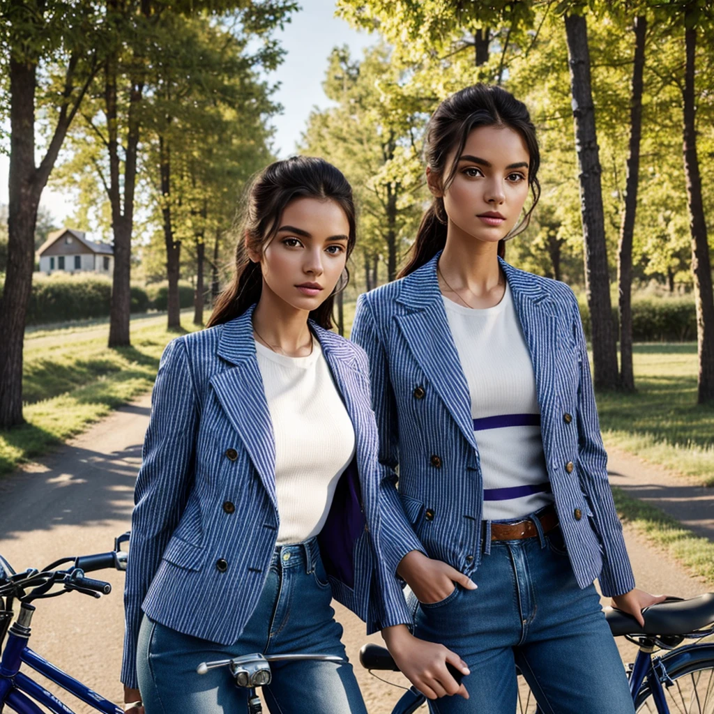 ((best quality)), ((masterpiece)), (detailed), perfect face. 8k photo of model wearing 3-piece outfit. Thin striped wool jacket with round neck and white, blue, purple horizontal stripes. double-breasted shirt. blue jeans. Scenery on the road, trees, houses, bicycles. beautiful sunshine