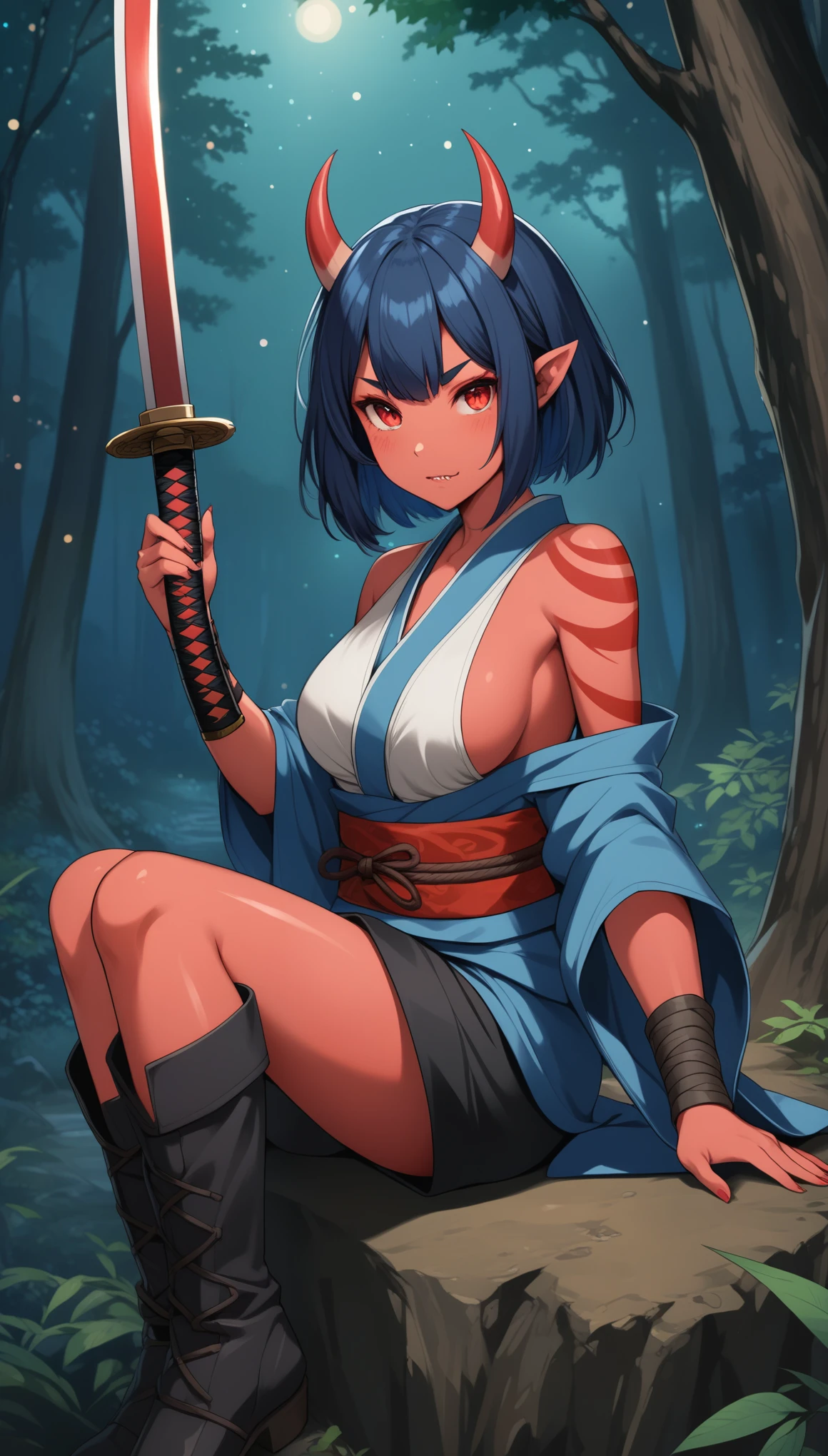 (1girl, female, solo), (Oni), (light red skin:1.35), (slander tail, oni horns), (athletic, calm face, medium breasts), (medium black blue hair, messy haircut),
(Dungeons and Dragons, character), (Warrior), (seat near tree),
(Kimono, black pants, boots, bandaged breasts), (holding object, holding katana),
(night deep forest background),
8K, RAW, best quality, ((masterpiece, best quality)), ultra high res, colorful, (medium wide shot), full body, (dynamic perspective), sharp focus, (depth of field, bokeh:1.3), extremely detailed eyes and face, beautiful detailed eyes,