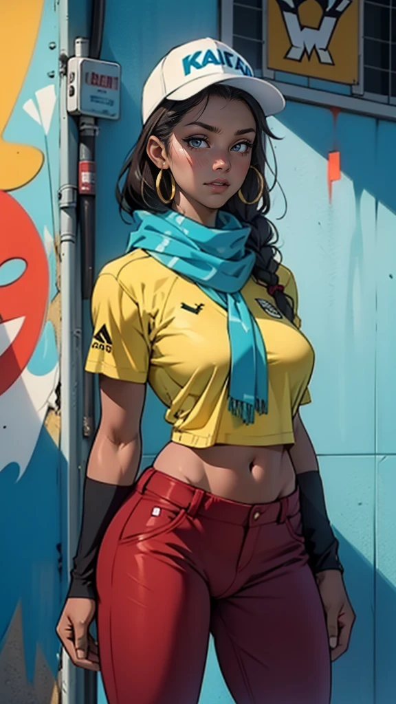 (standing alone:1.1),(work of art), (best qualityer:1.3), (whole body:1.1) , highy detailed, Intricate, professional art, digitl art, abdomenurdres, 1 girl, standing alone, Bblack hair, braided hair, hair with colored ends, slenderbody, tall girl, Legs long, apta, abdomen, fleshy lips, afroamerican, brown dark eyes, gold hoop earrings, ssmile, visor cap. brown skin, (darkskin:1.4), red pants, tennis, sports well, fingerless carnation, bandana scarf, medium breasts, Broad Hips, fleshy lips, futanari, testicular bulge between thighs, Huge bulge in the groin, pubic-hair, pubic-hair trail, break, beco, dynamic pose, citys, parede de graffiti, break frontal view, universal lighting, break