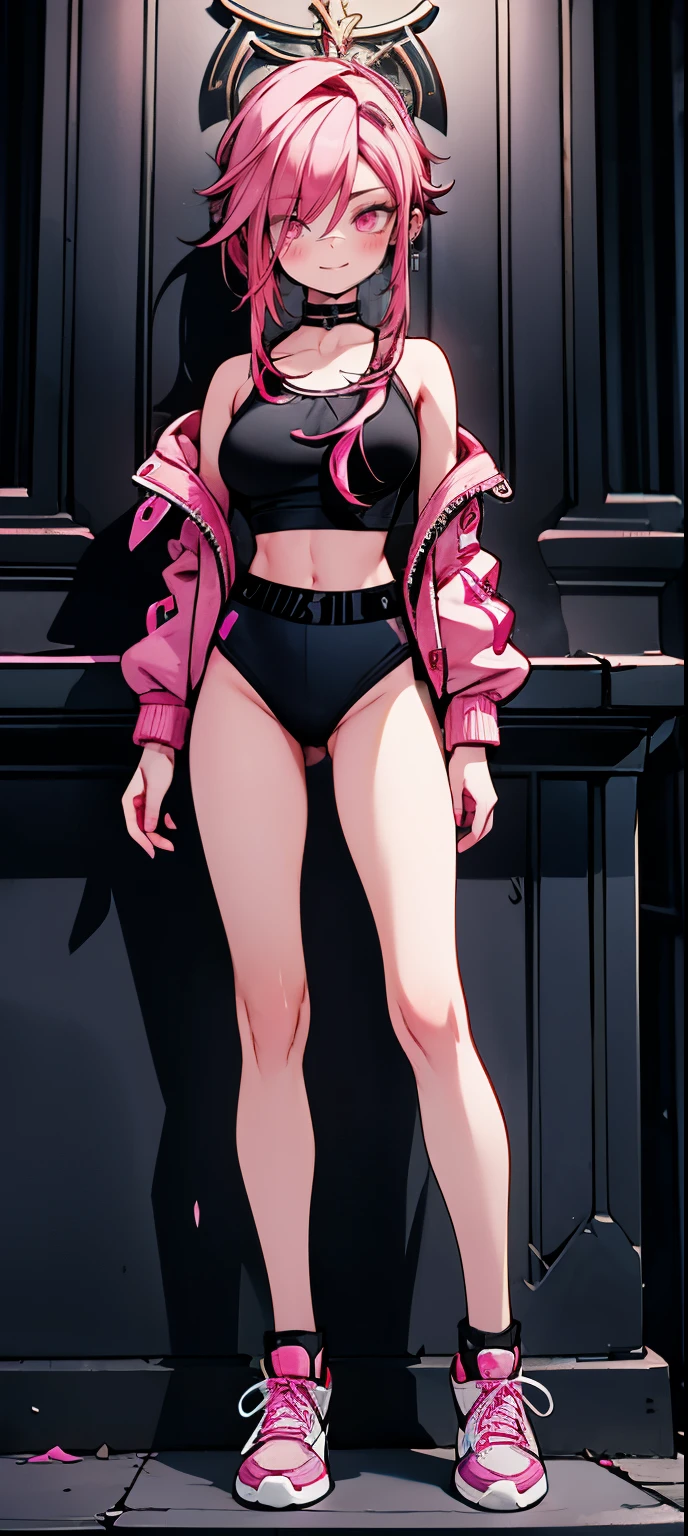 (masterpiece, best quality, 1girl, solo, intricate details, chromatic aberration), realistic, ((medium breath)),long hair, pink hair, red head ornament, pink highlights, hair over one eye,purple eyes, earrings, sharp eyes, choker, neon shirt, open jacket, crop top, (symmetry eyes),(perfect symmetrical body),against wall, brick wall, graffiti, dim lighting, alley ,look at viewer, woman at a gym, cute, front Pose, fitness girl, standing, erect Pose, symetrical, fitness model, skinny, Red sneakers, best qualityer, relaxed arms, hands down, ankle, fullbody view, stand straight with your back upright. Keep your shoulders back and maintain a straight line from your head to your feet. Full body overview, feets close, symmetrical front, head straight to the viewer