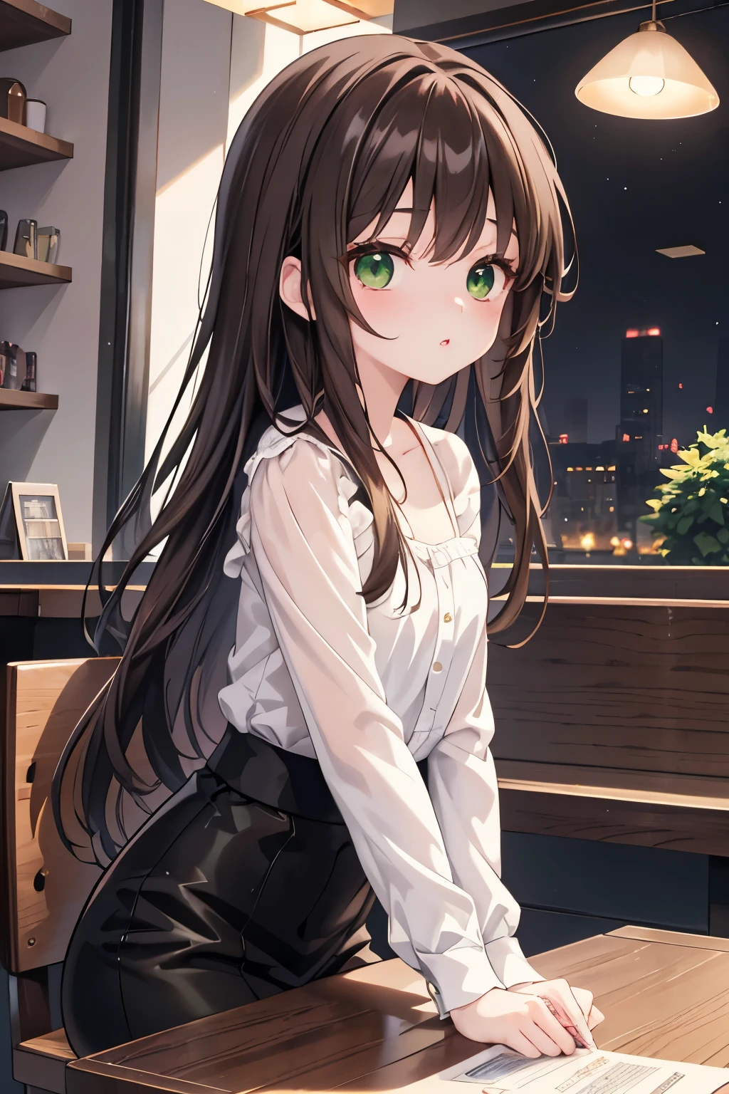 ((masterpiece, Highest quality, High resolution, 超High resolution, Pixel perfect, Written boundary depth, 4K, RTTX 10.0, High resolution))), 1 girl, single, alone, Beautiful Anime Girls, Beautiful art style, Anime characters, ((Shortcuts, bangs, Dark brown hair)), ((Green Eyes:1.4, Round eyes, Beautiful eyelashes, current eyes)), ((Smooth texture:0.75, Anime CG style)), ((Dynamic Angle, close)), Perfect body, (pretty girl), Flat Chest,whole body, Girl sitting at a table drinking coffee, Mysterious Girl from the Coffee Shop, sitting in a cafe, alonesitting in a cafe, Cute anime-like appearance, カフェにalone座っている, everyone, 4K Anime Style, Anime Moe Art Style, Long Hair Anime, At the coffee shop, Cute Anime, 4k anime wallpaper
