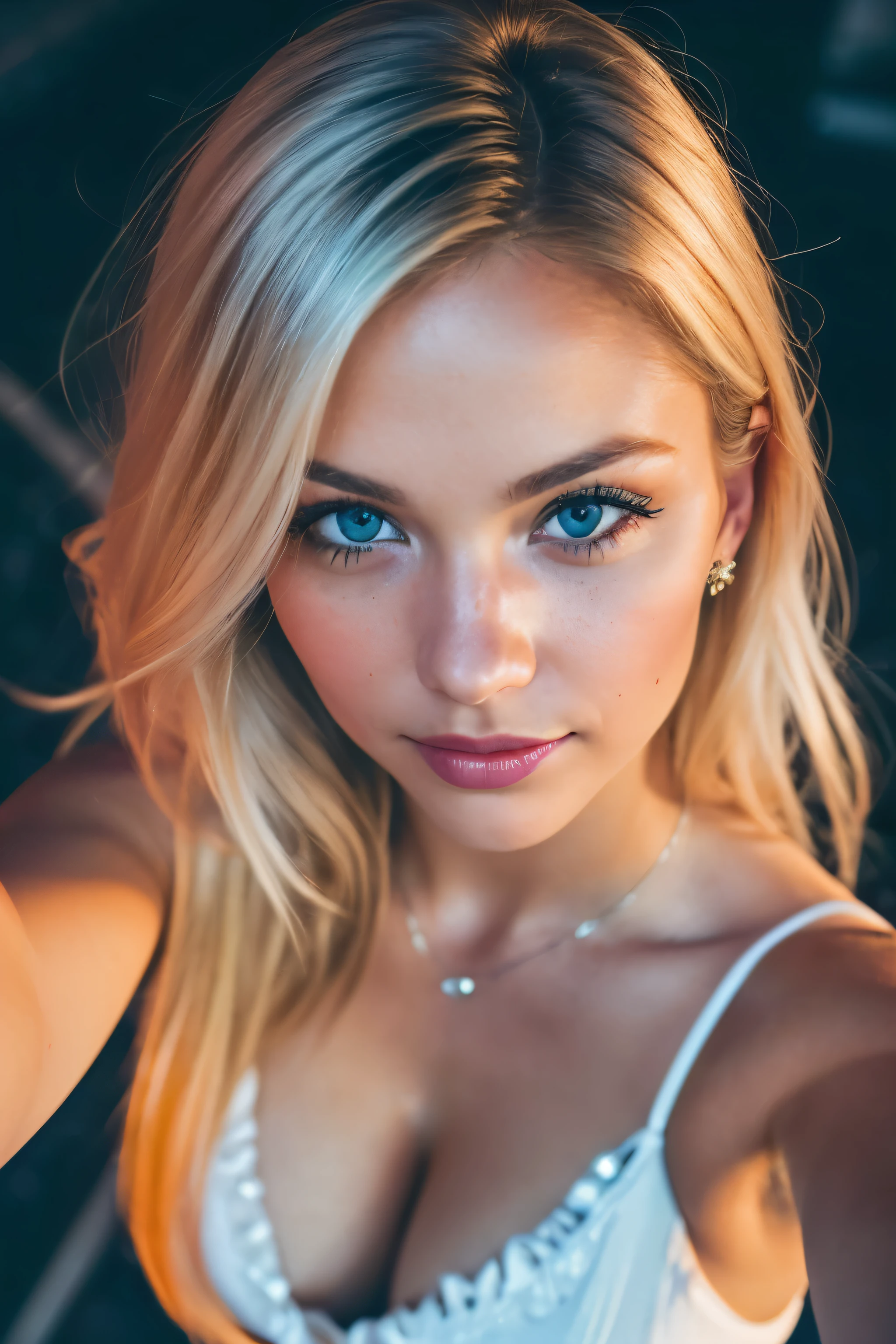 (selfie shot, from above:1.4), (half body postrait:1.4), RAW uhd portrait photo of a 24-year-old blonde (blue-eyed woman) walking down a dark alleyway, natural breasts_b, nighttime city background, (red sundress), (cleavage), detailed (textures!, hair!, shine, color!!, imperfections:1.1), highly detailed glossy eyes, (looking at the camera), specular lighting, dslr, ultra quality, sharp focus, tack sharp, dof, film grain, (centered), Fujifilm XT3, crystal clear, center of frame, cute face, sharp focus, street lamp, neon lights, bokeh, (dimly lit), low key, at night, (night sky) detailed skin pores, oiled skin, tan, intricate eye detail