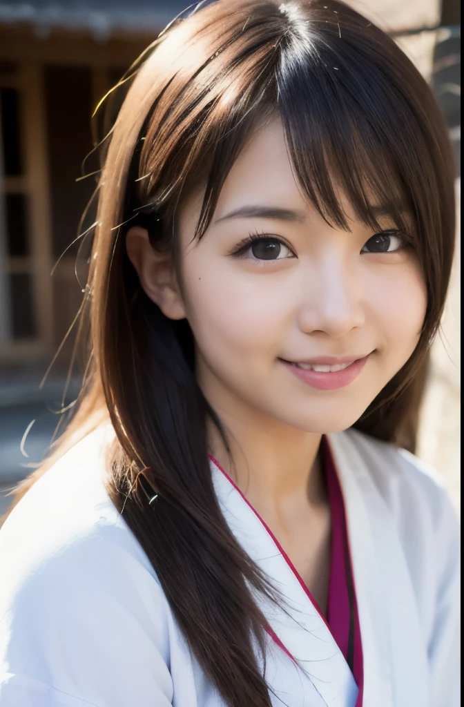 best quality, face focus, soft light, ultra high res, (photorealistic:1.4), RAW photo,(Shinozaki Ai), white skin,
1 Japanese girl, solo, (cute), smile, (pupil, lights in the eyes),  detailed beautiful face, busty,(high resolution detail of human skin texture),(long hair),(portrait), upper body, white traditional kimono, in the shrine,