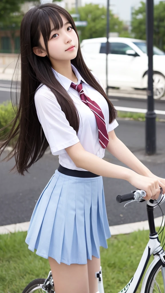 high school girl、uniform、mini skirt、See-through、Fluttering in the wind、cycling
