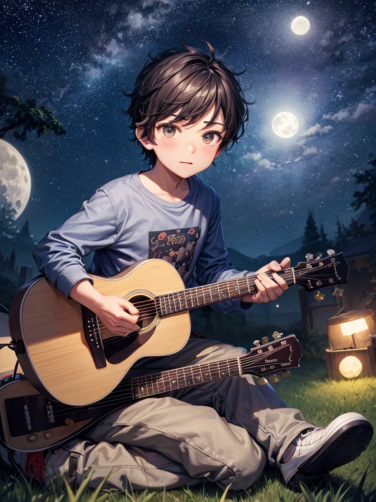 A caricature big head style of a young man sits on the ground while playing guitar at night, stary night, full moon.
