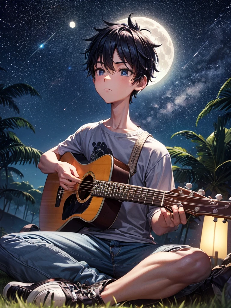A caricature big head style of a young man sits on the ground while playing guitar at night, stary night, full moon.