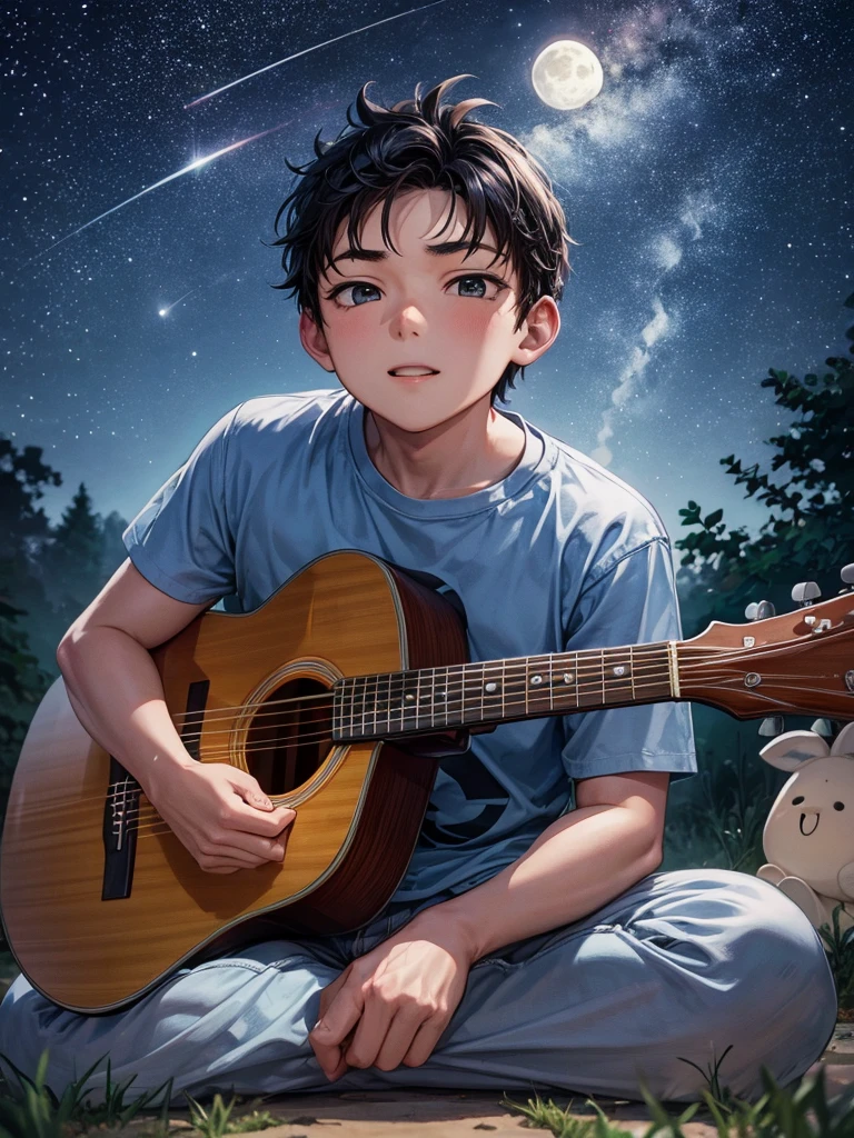A caricature big head style of a young man sits on the ground while playing guitar at night, stary night, full moon.