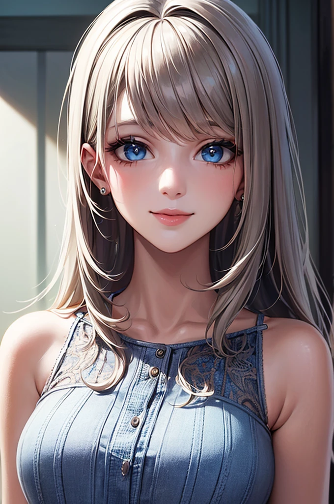 (masterpiece: 1.2, Highest quality), (Actual photo, Intricate details), 1. Female, alone, Upper Body, casual, Shoulder-length hair, Minimal makeup, Natural materials, Face close-up, smile, Home, Gray Hair, blue eyes,