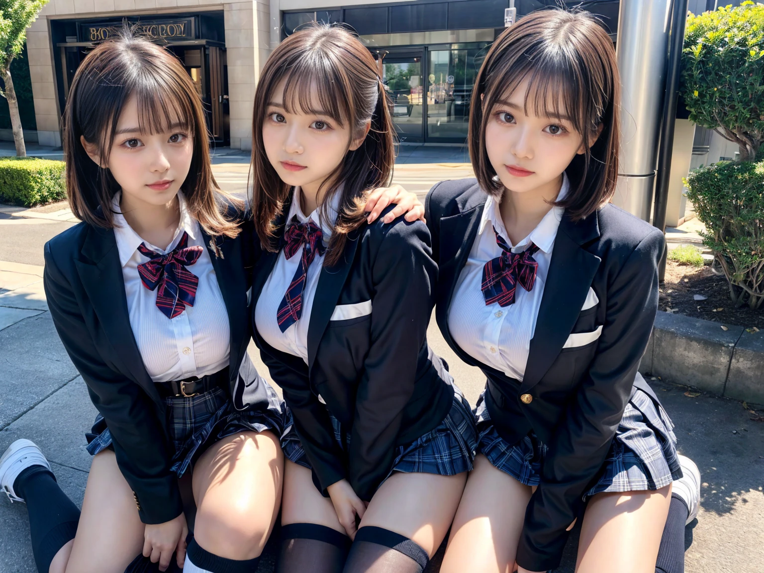 (8K, Raw photography, top-quality, masterpiece:1.2), master piece, best quality, illustration, Super detailed, fine details, High resolution, 8K,wall paper, perfect dynamic composition,(Details High quality, realistic depiction of eyes:1.3), ((2 girls, 2 schoolgirls)), The background is a luxury hotel room、High school girl uniform、blazer 、Super Short Check Uniform Skirt、Navy blue high socks、garterbelts、Colossal tits、Disturbed uniform, Play with each other,Touching each other's bodies,Touching the body of the girl next door, short bob hair, black hair color, huge breasts, Big Natural Color Lip, bold sexy pose, (perfect body shape), crying a little、cold gaze, Beautiful makeup,glitter makeup,Cutest 18 years old, beautiful legs, hposing Gravure Idol, Voluptuous thighs