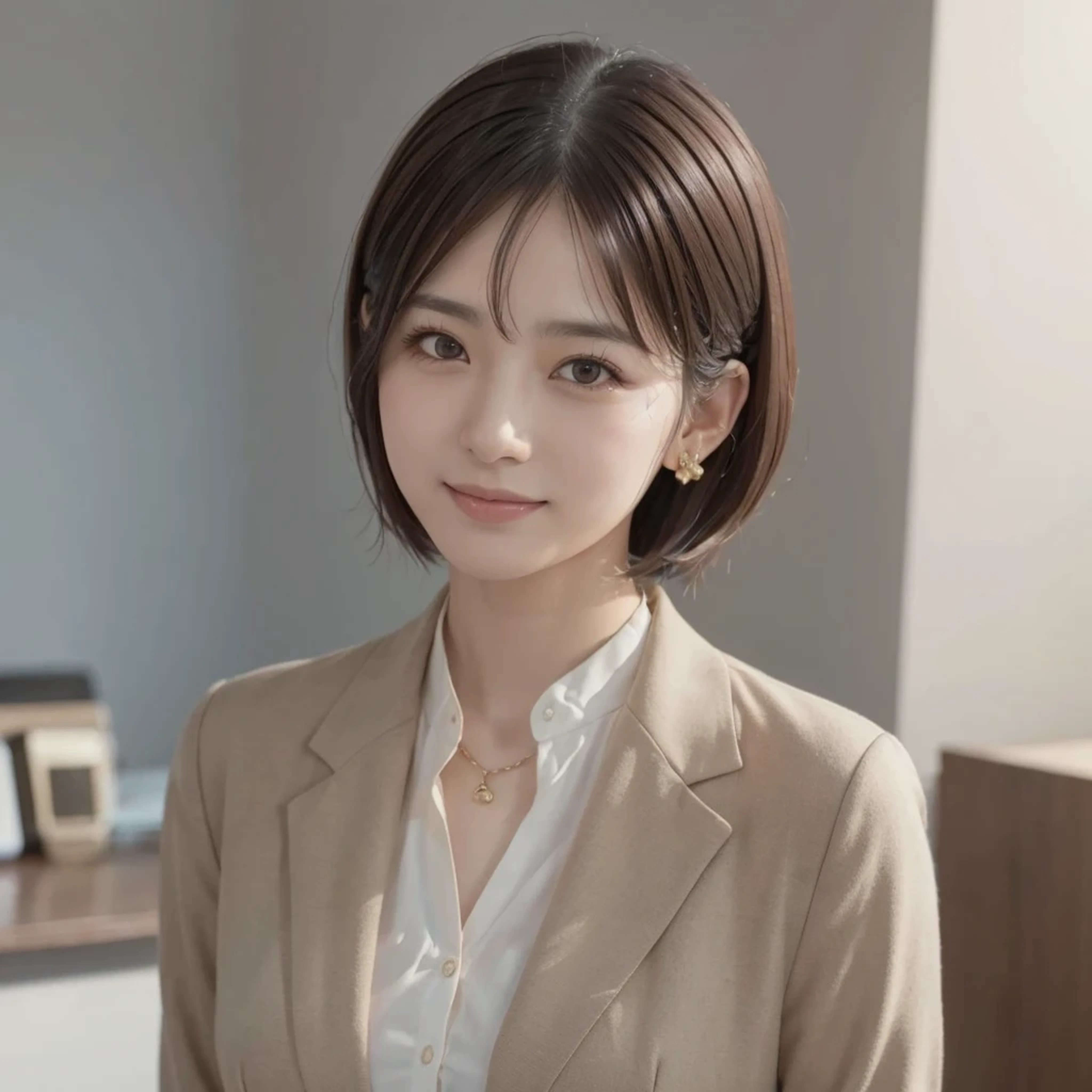 young woman、、 Intricate details, 、ear piercing、Looking into the camera、short hair、smile、Brown Hair、 Clear beauty, (High quality fabric, Office Lady Suits 、Jacket、Unbuttoned shirt、Necklace around the neck、Dark eyeliner、 The background is the office

